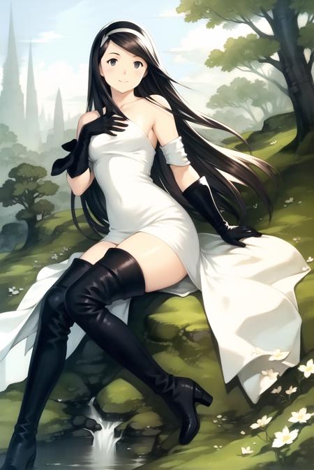 68573-2112802764-yoshida akihiko, 1girl, agnes oblige, arm support, bangs, black eyes, black gloves, black hair, black thighhighs, boots, dress,.png